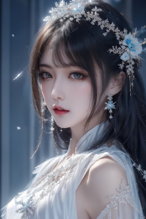  ((best quality)), ((masterpiece)), ((ultra-detailed)), extremely detailed CG, (illustration), ((detailed light)), (an extremely delicate and beautiful), a girl, solo, ((upper body,)), ((cute face)), expressionless, (beautiful detailed eyes), full breasts, (medium breasts:1.2), blue dragon eyes, (Vertical pupil:1.2), white hair, shiny hair, colored inner hair, [Armor_dress], blue_hair ornament, ice adorns hair,depth of field, [ice crystal], (snowflake), yue , hair ornament , hanfu, dofas, chijian, (\shuang hua\), 1girl
