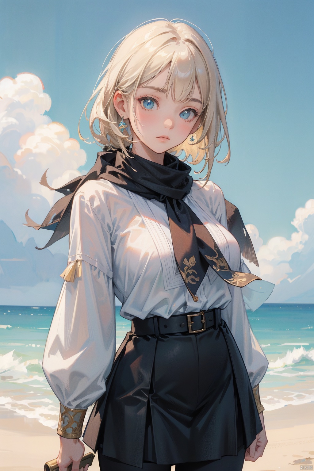 best quality,(masterpiece:1.3),(nsfw:0.3),cowboy shot,ultra-detailed,solo:1.3,midday,sunny,Blue sky,Gradation,cloud, wearing ancient Roman clothing,origen,Detailed depiction of female genitalia,shead,GI.JP, kirara,cute,A scarf made of a single piece of cloth, a collar made of leather, a blouse made of a large piece of cloth, a skirt made of a large piece of cloth, and leggings made of leather,