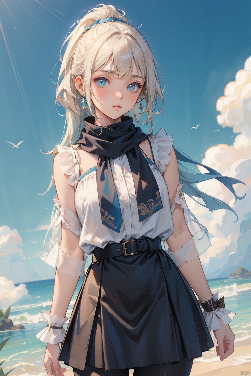 best quality,(masterpiece:1.3),(nsfw:0.3),cowboy shot,ultra-detailed,solo:1.3,midday,sunny,Blue sky,Gradation,cloud, wearing ancient Roman clothing,origen,Detailed depiction of female genitalia,shead,GI.JP, kirara,cute,A scarf made of a single piece of cloth, a collar made of leather, a blouse made of a large piece of cloth, a skirt made of a large piece of cloth, and leggings made of leather,