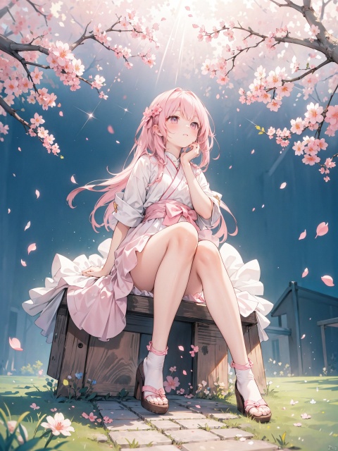  1girl,[sitting under the sakura tree,knee up], (from below,wide shot,mid shot,full body,panorama,depth of field),(looking up),(pink petals,tyndall effect), backlight