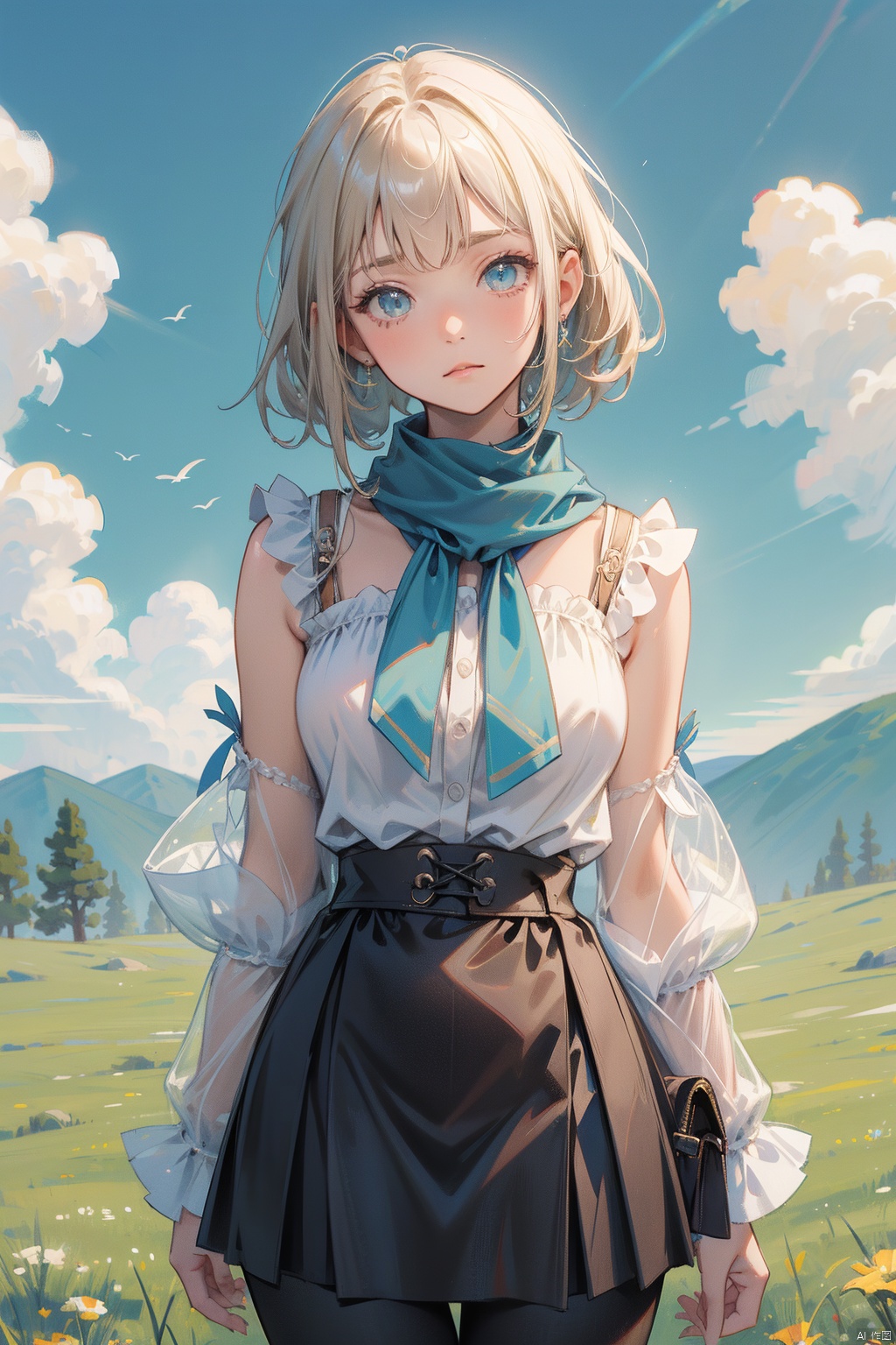 best quality,(masterpiece:1.3),(nsfw:0.3),cowboy shot,ultra-detailed,solo:1.3,midday,sunny,Blue sky,Gradation,cloud, wearing ancient Roman clothing,origen,Detailed depiction of female genitalia,shead,GI.JP, kirara,cute,A scarf made of a single piece of cloth, a collar made of leather, a blouse made of a large piece of cloth, a skirt made of a large piece of cloth, and leggings made of leather,