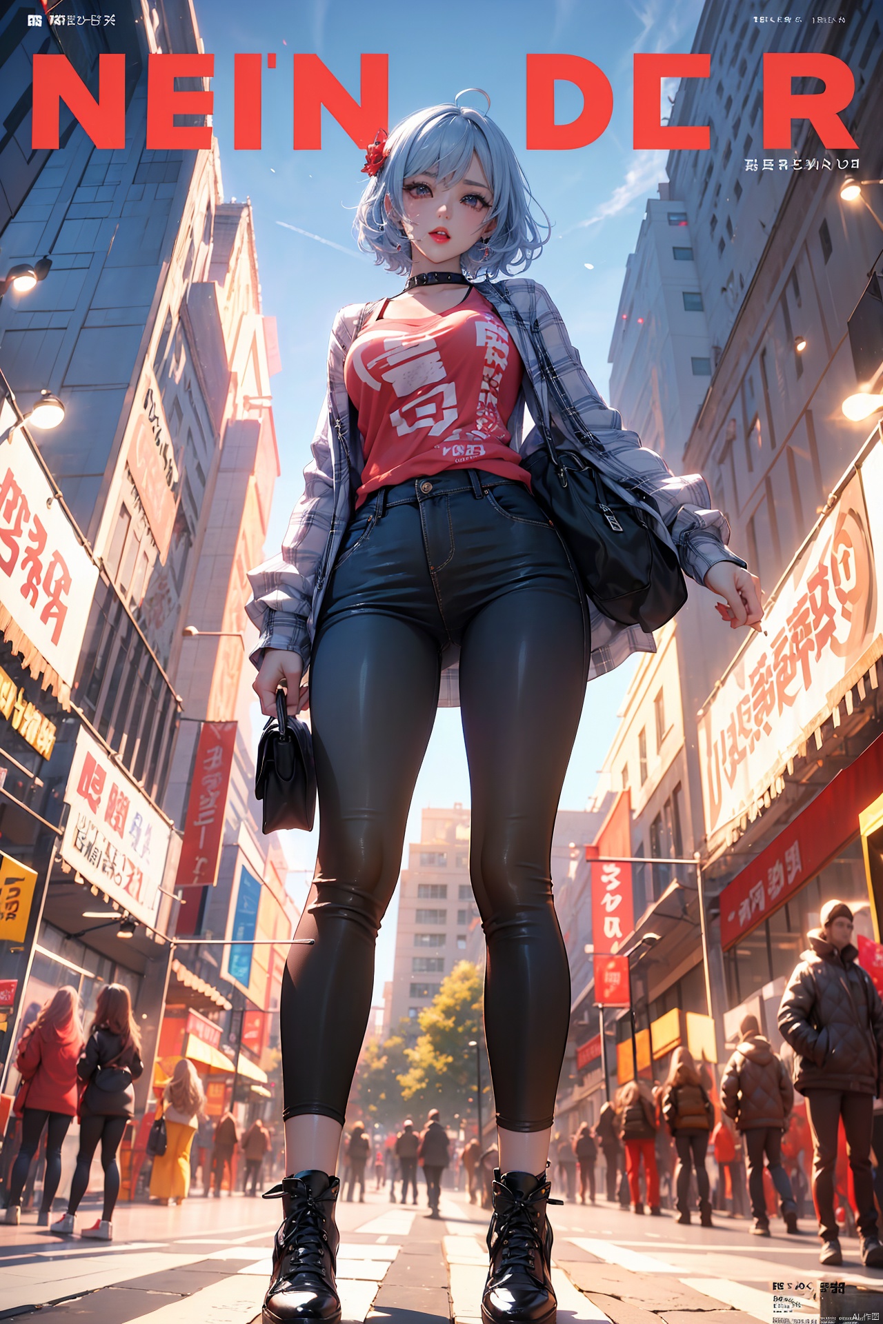  (best quality), (ultra detailed), ((masterpiece)), sfw,consored,illustration, ray tracing,contrapposto, female focus,model,NSFW
//////////////////////////
sexy, fine fabric emphasis,wall paper, crowds, fashion, Lipstick, depth of field, street, in public,(Magazine cover:1.2),(title),(Magazine cover-style illustration of a fashionable woman), posing in front of a colorful and dynamic background. (The text on the cover should be bold and attention-grabbing, with the title of the magazine and a catchy headline)., yutu honkai3rd