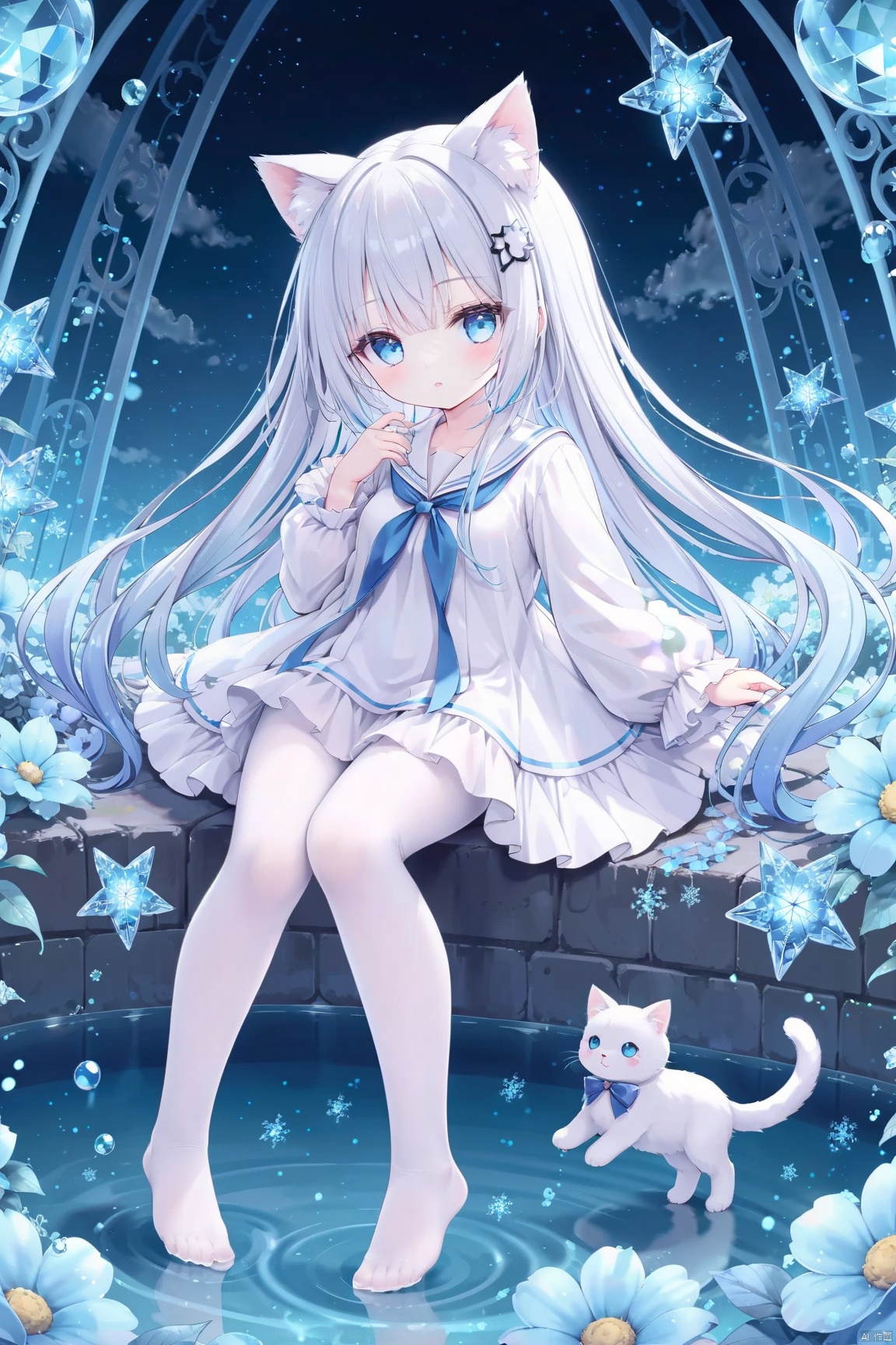  (Original illustration composition),(blue white hair:1.5), Very long hair, Flowing hair,((gradient hair)), hairpin, (cat ear), animal ear fluff, blue eyes,1girl,solo,(loli, little girl:1.5),(full body), (pantyhose),feet, no shoes,toes,(sailor dress),white clothes,white dress,bow,frills,breasts,bow,blue hair ornaments, blue sleeve,frilled sleeves,(pastel (medium):1.35),Looking into the distance, garden,waterfall, flowers, Clouds, Tyndall effect,surrounded by runes, magic patterns surrounding,star_hair_ornament,snowflake decoration, white pantyhose, loli