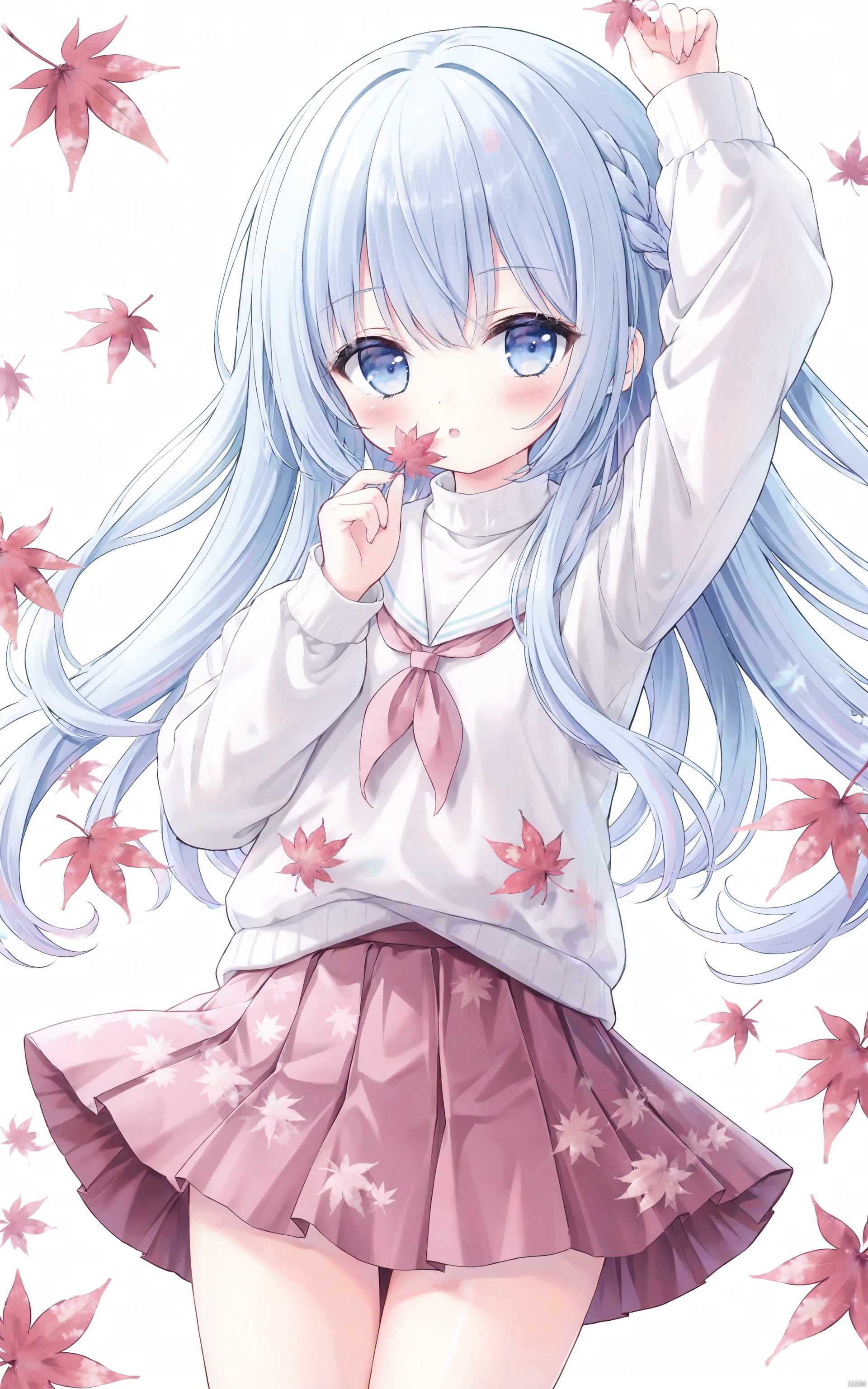  1girl, solo, skirt, long hair, leaf, pink white skirt, blue eyes, blue white hair, looking at viewer, pleated skirt, bangs, white background, holding leaf, braid, sweater, long sleeves, white sweater, holding, arm up, maple leaf, simple background, autumn leaves, blush, cowboy shot, loli