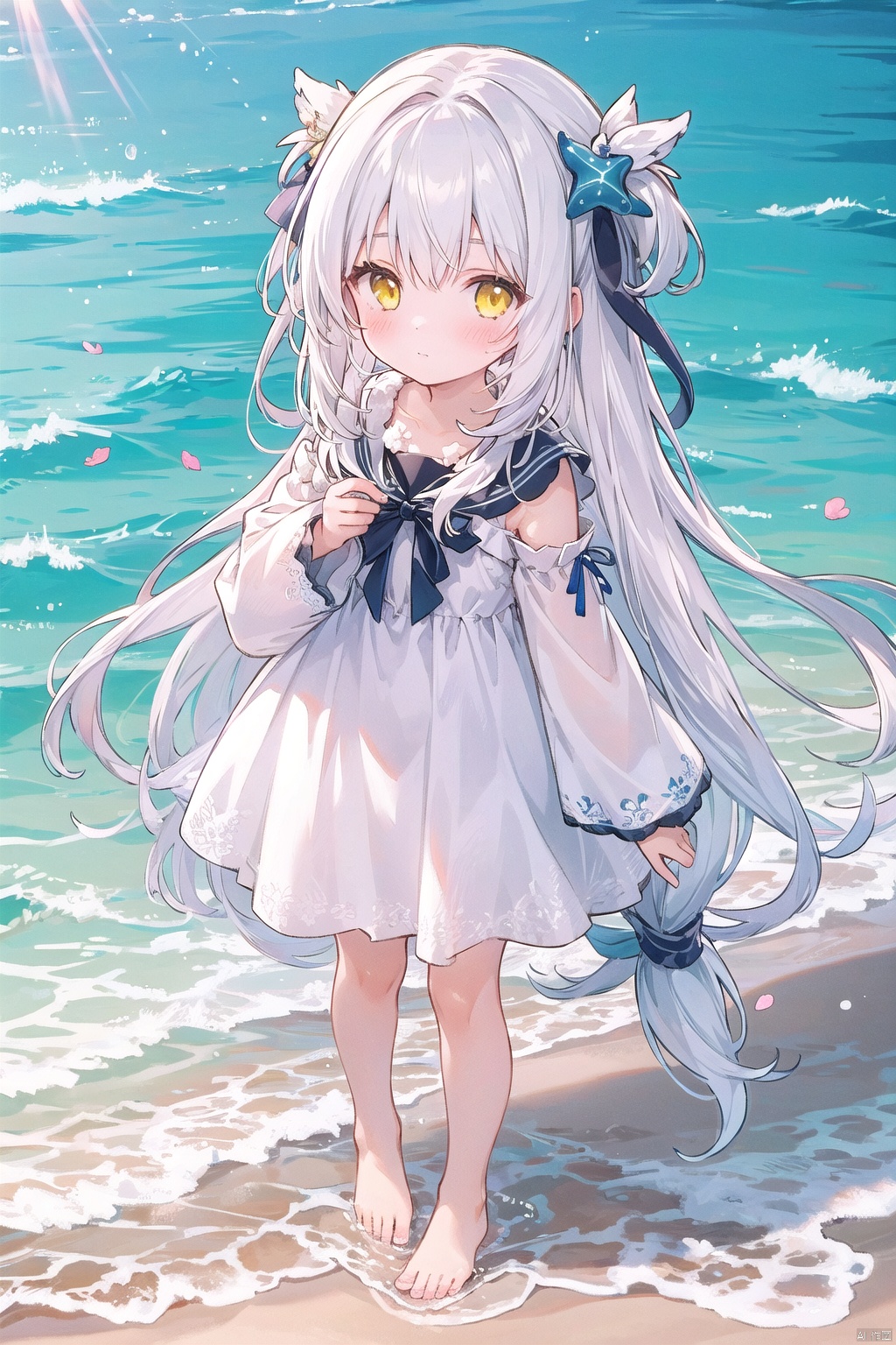  1girl,loli,child,children,outdoors,flowers,yellow eyes,sea,dusk,star,sand,holding flowers,solo, long hair, very long hair,looking at viewer,from above, blush, bangs, long sleeves, dress, standing, full body, yellow eyes, white hair, barefoot, wide sleeves, white dress,sleeves past wrists, bare legs, bird,sleeves past fingers, niji5