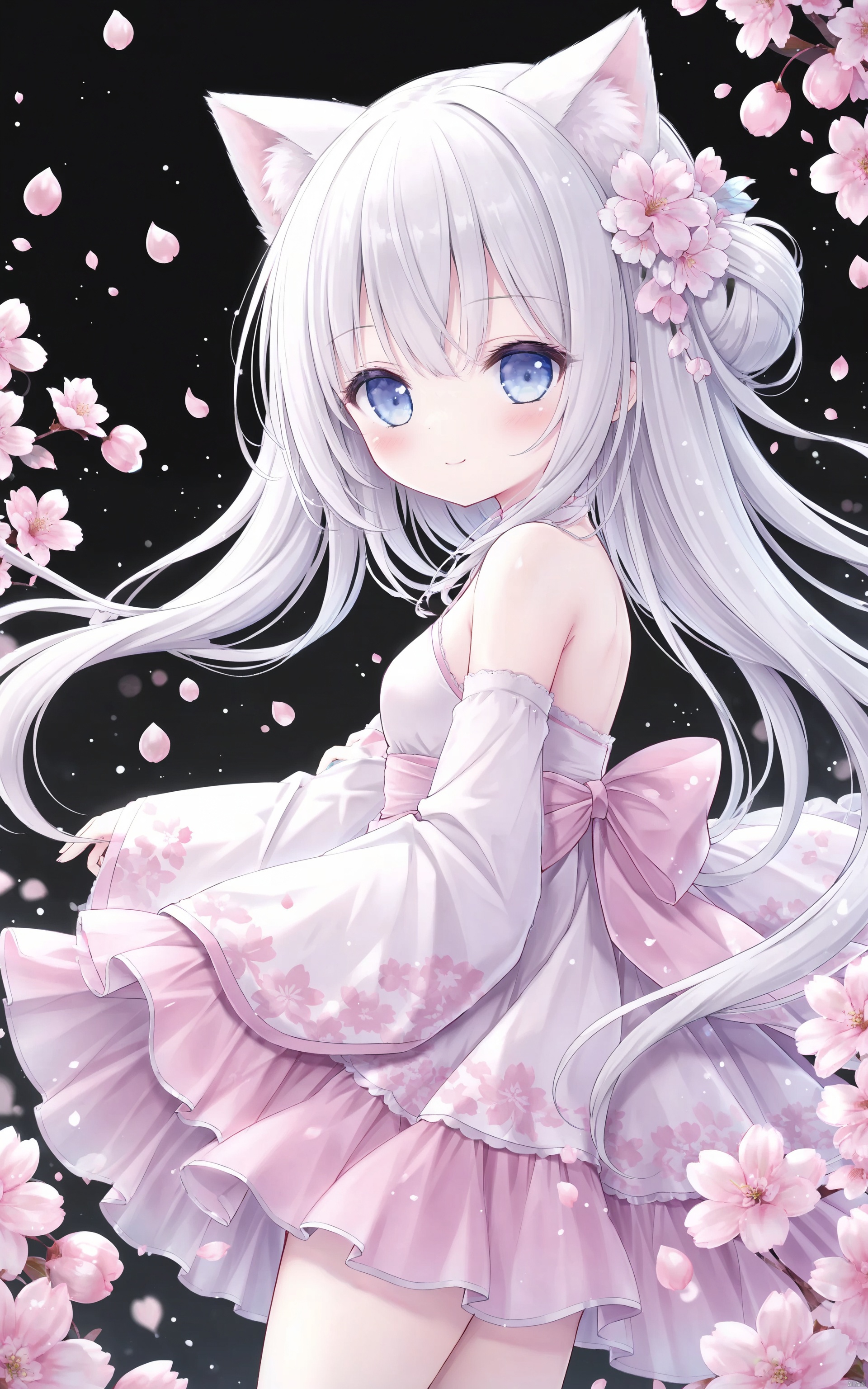  Loli, Loli, Loli, 1girl, solo, flower, long hair, hair ornament, hair flower, looking at viewer, blue eyes, detached sleeves, white hair, bangs, from side, closed mouth, blush, smile, breasts, white flower, bare shoulders, petals, outdoors, hair bun, dress, long sleeves, pink flower, cherry blossoms, looking to the side, wide sleeves, cat_ears, loli