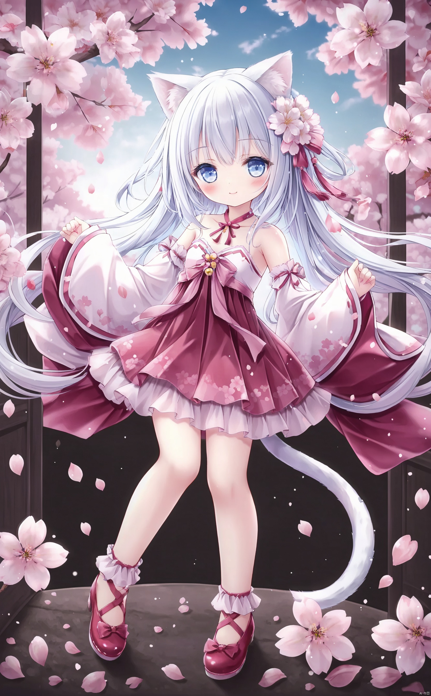  Loli, Loli, Loli, 1girl, solo, flower, long hair, hair ornament, hair flower, looking at viewer, blue eyes, detached sleeves, blue white hair, bangs,closed mouth, blush, smile, white flower, bare shoulders, petals, outdoors,dress, long sleeves,cherry blossoms, wide sleeves, cat_ears, loli, full_body