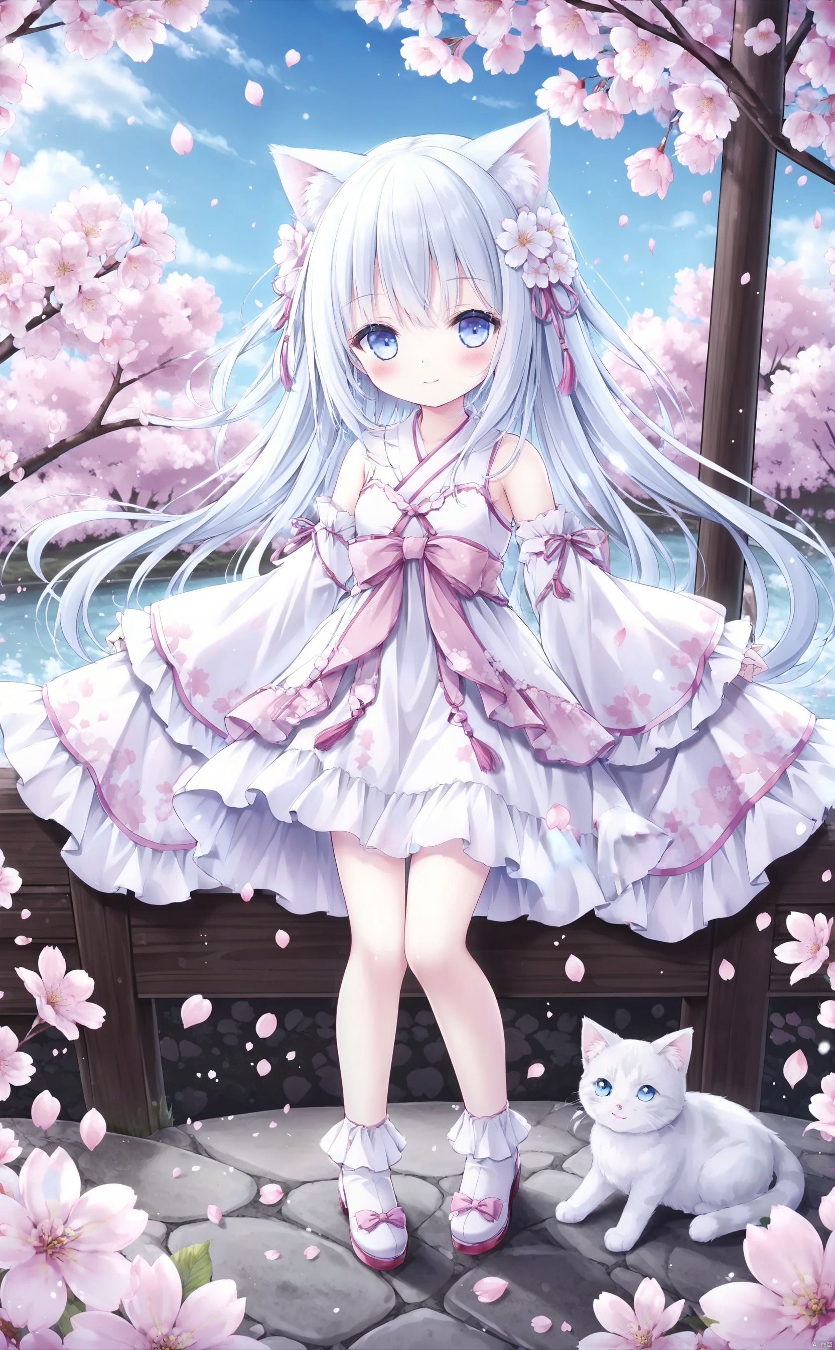  Loli, Loli, Loli, 1girl, solo, flower, long hair, hair ornament, hair flower, looking at viewer, blue eyes, detached sleeves, blue white hair, bangs,closed mouth, blush, smile, white flower, bare shoulders, petals, outdoors,dress, long sleeves,cherry blossoms, wide sleeves, cat_ears, loli, full_body