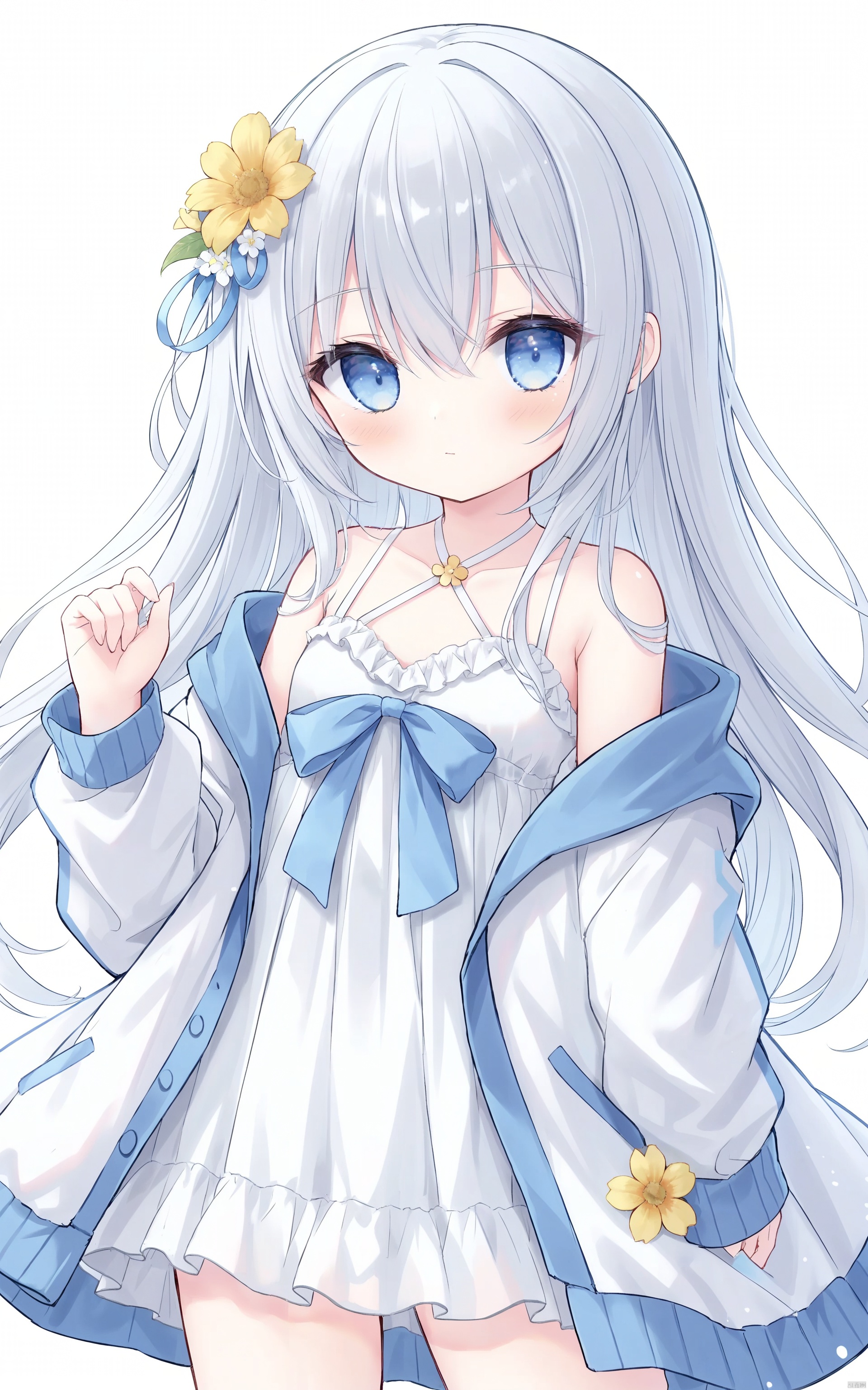  1girl, solo, dress, blue white hair, white dress, long hair, hair flower, flower, hair ornament, looking at viewer, blue eyes, bangs, closed mouth, blush, long sleeves, simple background, yellow flower, jacket, bow, off shoulder, open clothes, hair between eyes, open jacket, loli