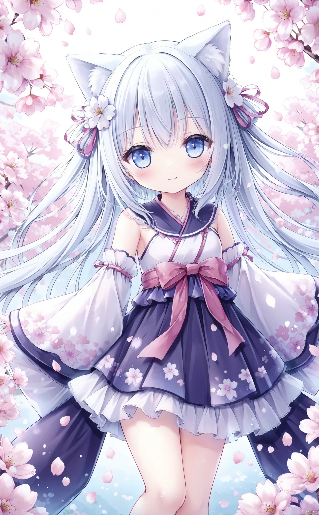  Loli, Loli, Loli, 1girl, solo, flower, long hair, hair ornament, hair flower, looking at viewer, blue eyes, detached sleeves, blue white hair, bangs,closed mouth, blush, smile, white flower, bare shoulders, petals, outdoors,dress, long sleeves,cherry blossoms, wide sleeves, cat_ears, loli, 