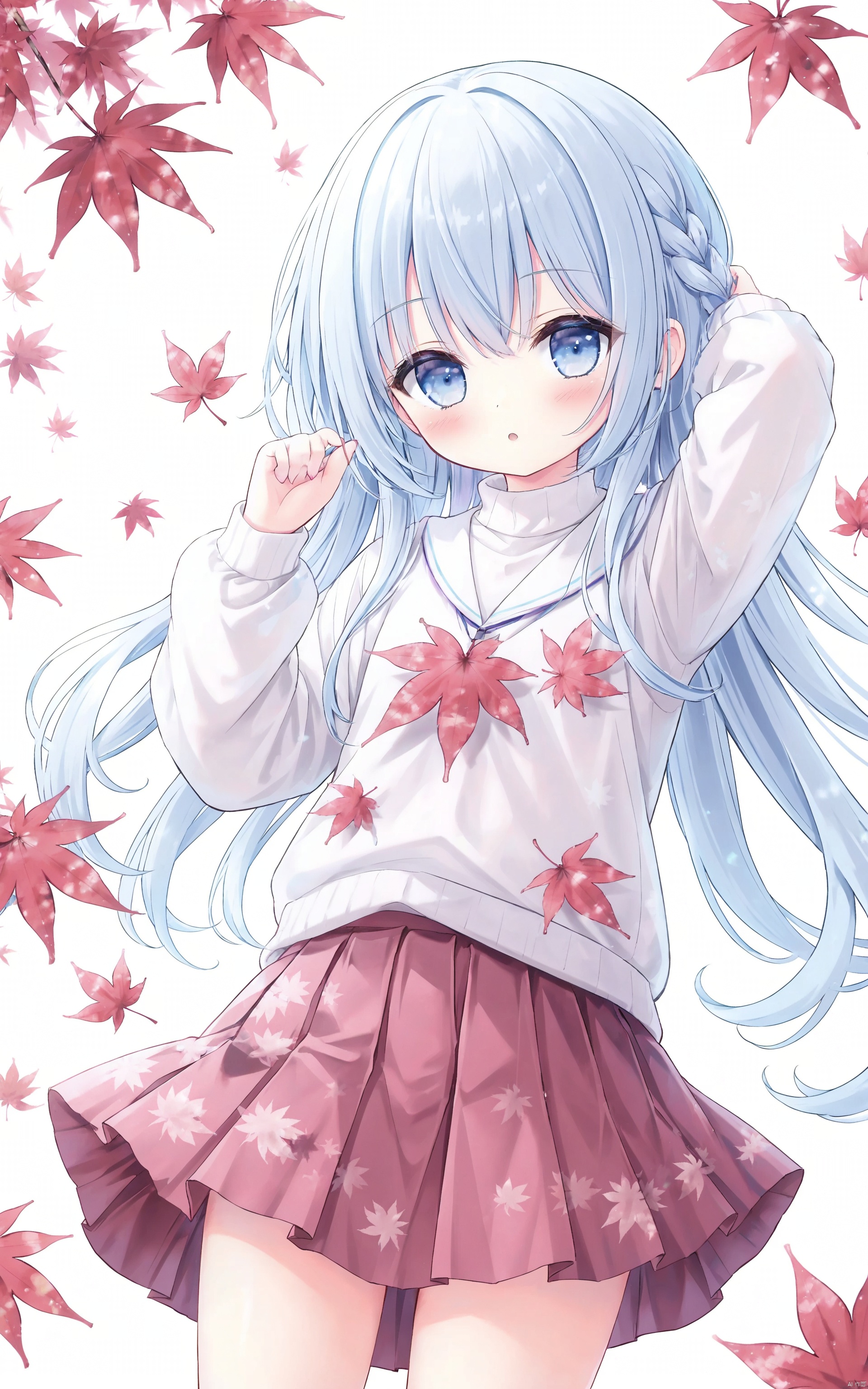  1girl, solo, skirt, long hair, leaf, pink white skirt, blue eyes, blue white hair, looking at viewer, pleated skirt, bangs, white background, holding leaf, braid, sweater, long sleeves, white sweater, holding, arm up, maple leaf, simple background, autumn leaves, blush, cowboy shot, loli