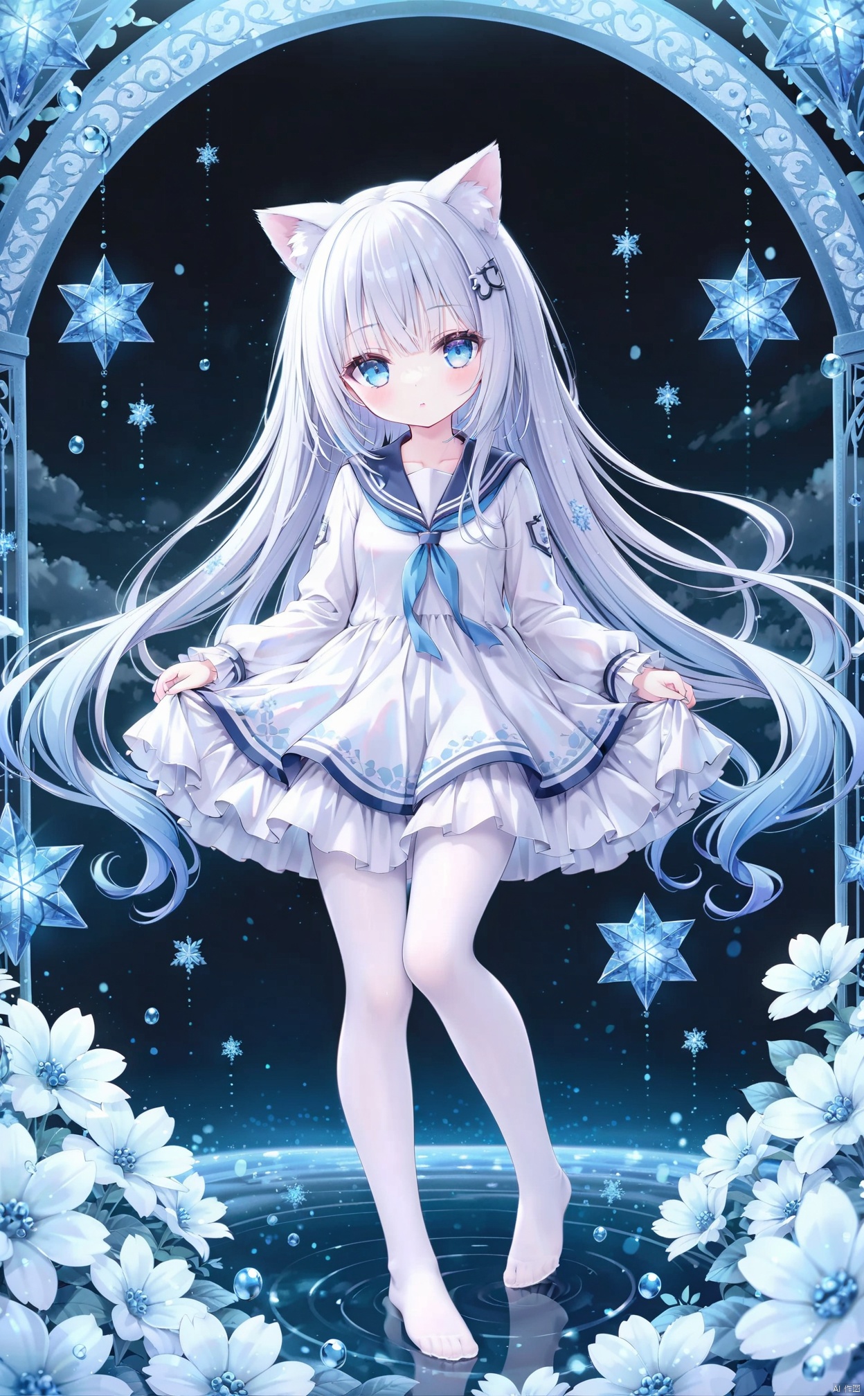  (Original illustration composition),(blue white hair:1.5), Very long hair, Flowing hair,((gradient hair)), hairpin, (cat ear), animal ear fluff, blue eyes,1girl,solo,(loli, little girl:1.5),(full body), (pantyhose),feet, no shoes,toes,(sailor dress),white clothes,white dress,bow,frills,breasts,bow,blue hair ornaments, blue sleeve,frilled sleeves,(pastel (medium):1.35),Looking into the distance, garden,waterfall, flowers, Clouds, Tyndall effect,surrounded by runes, magic patterns surrounding,star_hair_ornament,snowflake decoration, white pantyhose, loli