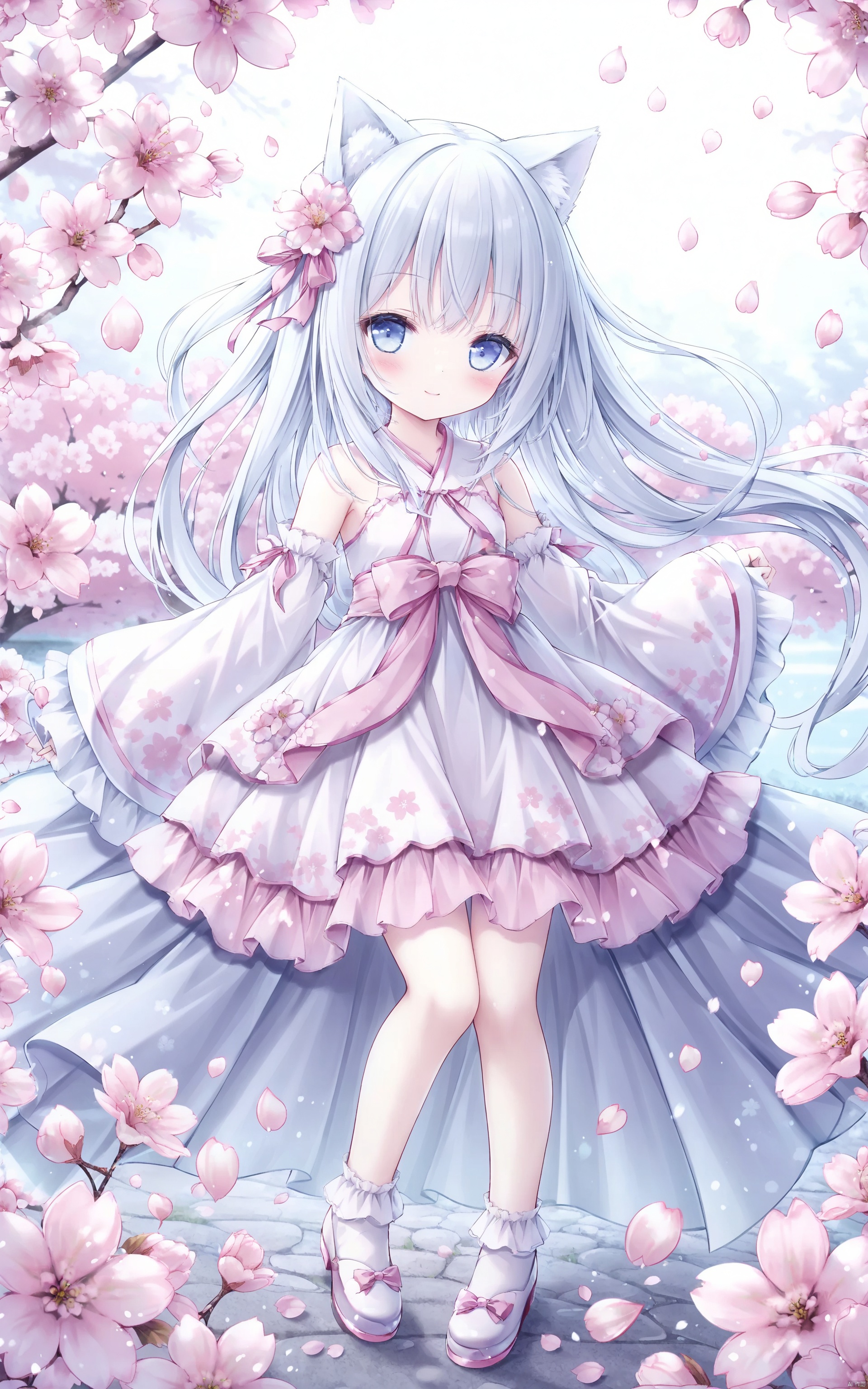 Loli, Loli, Loli, 1girl, solo, flower, long hair, hair ornament, hair flower, looking at viewer, blue eyes, detached sleeves, blue white hair, bangs,closed mouth, blush, smile, white flower, bare shoulders, petals, outdoors,dress, long sleeves, pink flower, cherry blossoms, wide sleeves, cat_ears, loli, full_body