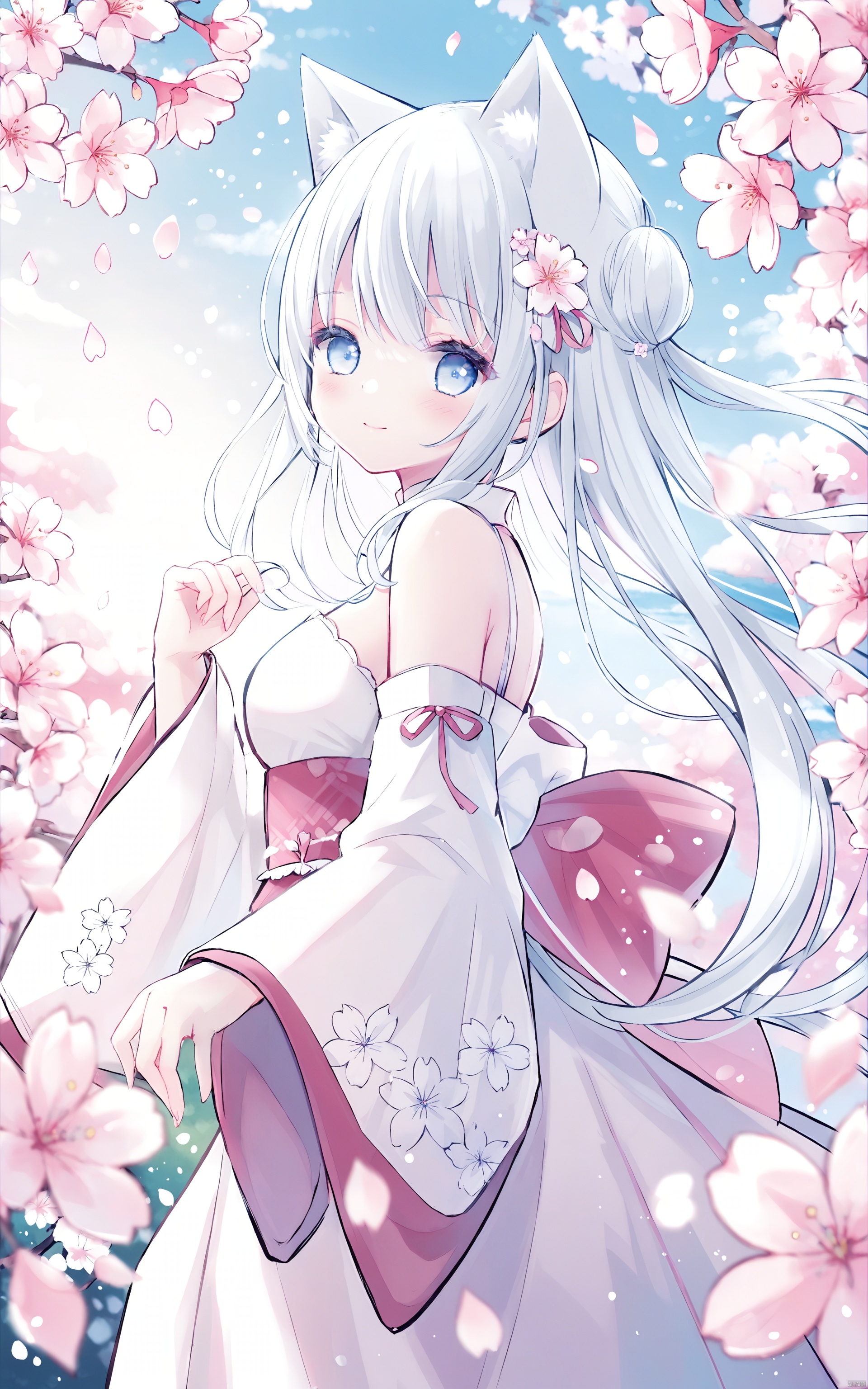  1girl, solo, flower, long hair, hair ornament, hair flower, looking at viewer, blue eyes, detached sleeves, white hair, bangs, from side, closed mouth, blush, smile, breasts, white flower, bare shoulders, petals, outdoors, hair bun, dress, long sleeves, pink flower, cherry blossoms, looking to the side, wide sleeves, cat_ears