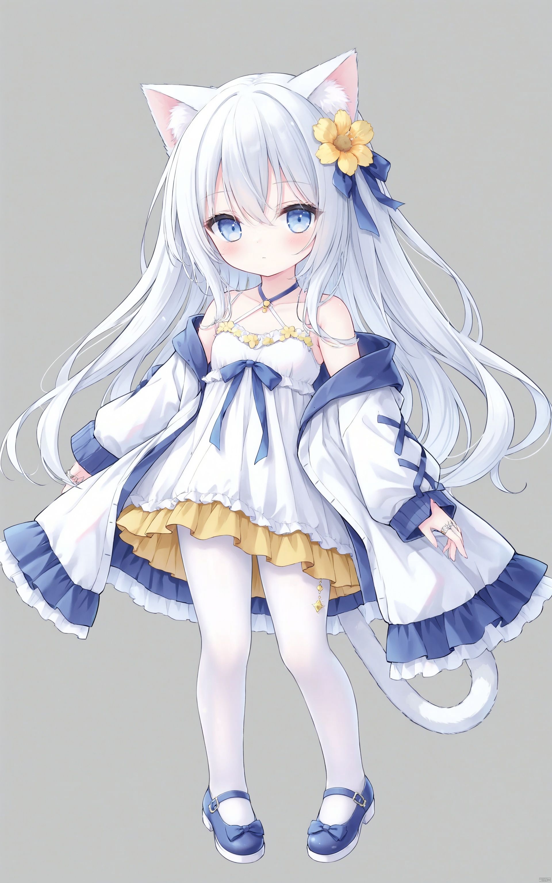  1girl, solo, dress, blue white hair, white dress, long hair, hair flower, flower, hair ornament, looking at viewer, blue eyes, bangs, closed mouth, blush, long sleeves, simple background, yellow flower, jacket, bow, off shoulder, open clothes, hair between eyes, open jacket, loli,cat_ears,full_body,white tights,femoral ring