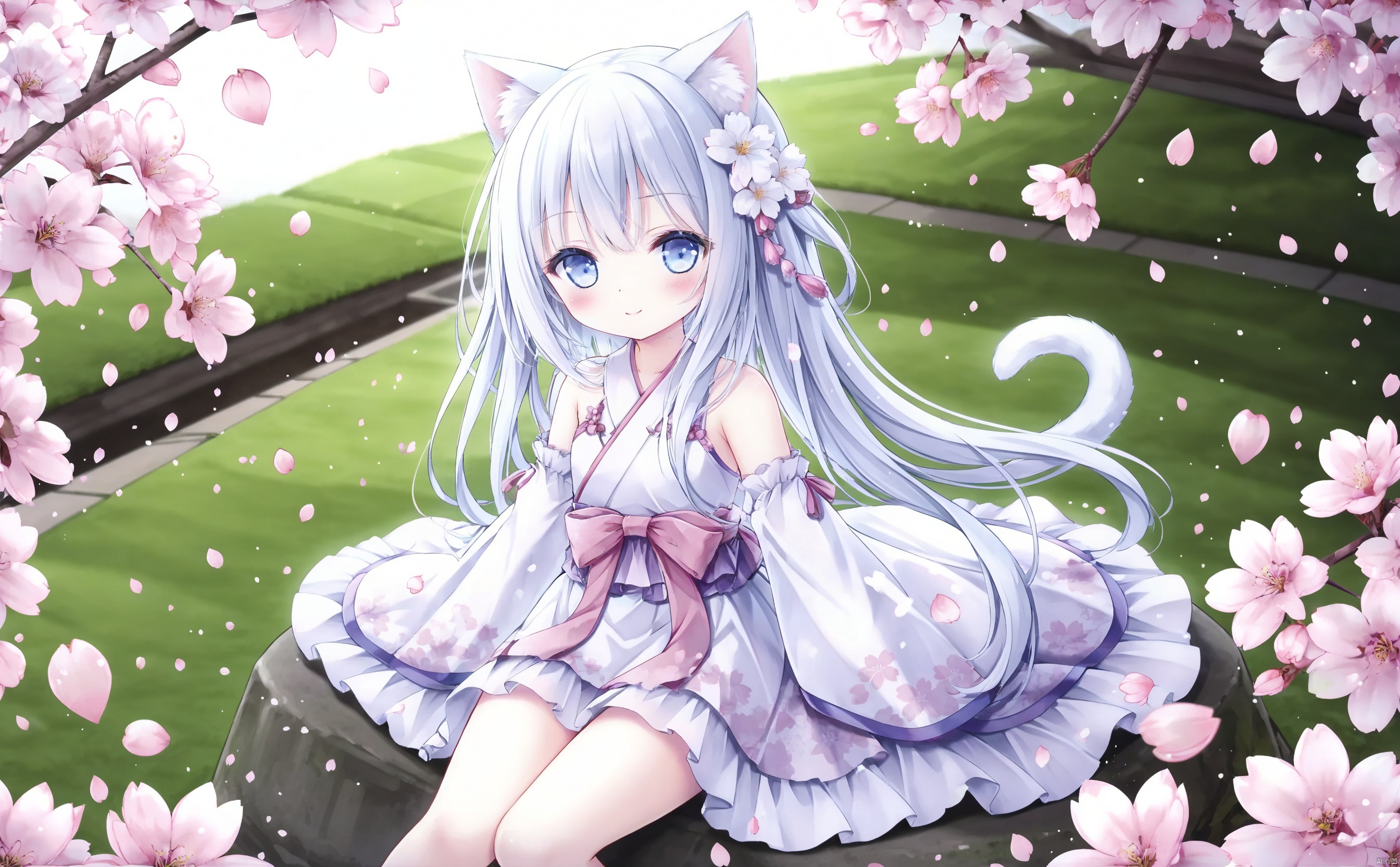  Loli, Loli, Loli, 1girl, solo, flower, long hair, hair ornament, hair flower, looking at viewer, blue eyes, detached sleeves, blue white hair, bangs,closed mouth, blush, smile, white flower, bare shoulders, petals, outdoors,dress, long sleeves,cherry blossoms, wide sleeves, cat_ears, loli, full_body,sitting_down