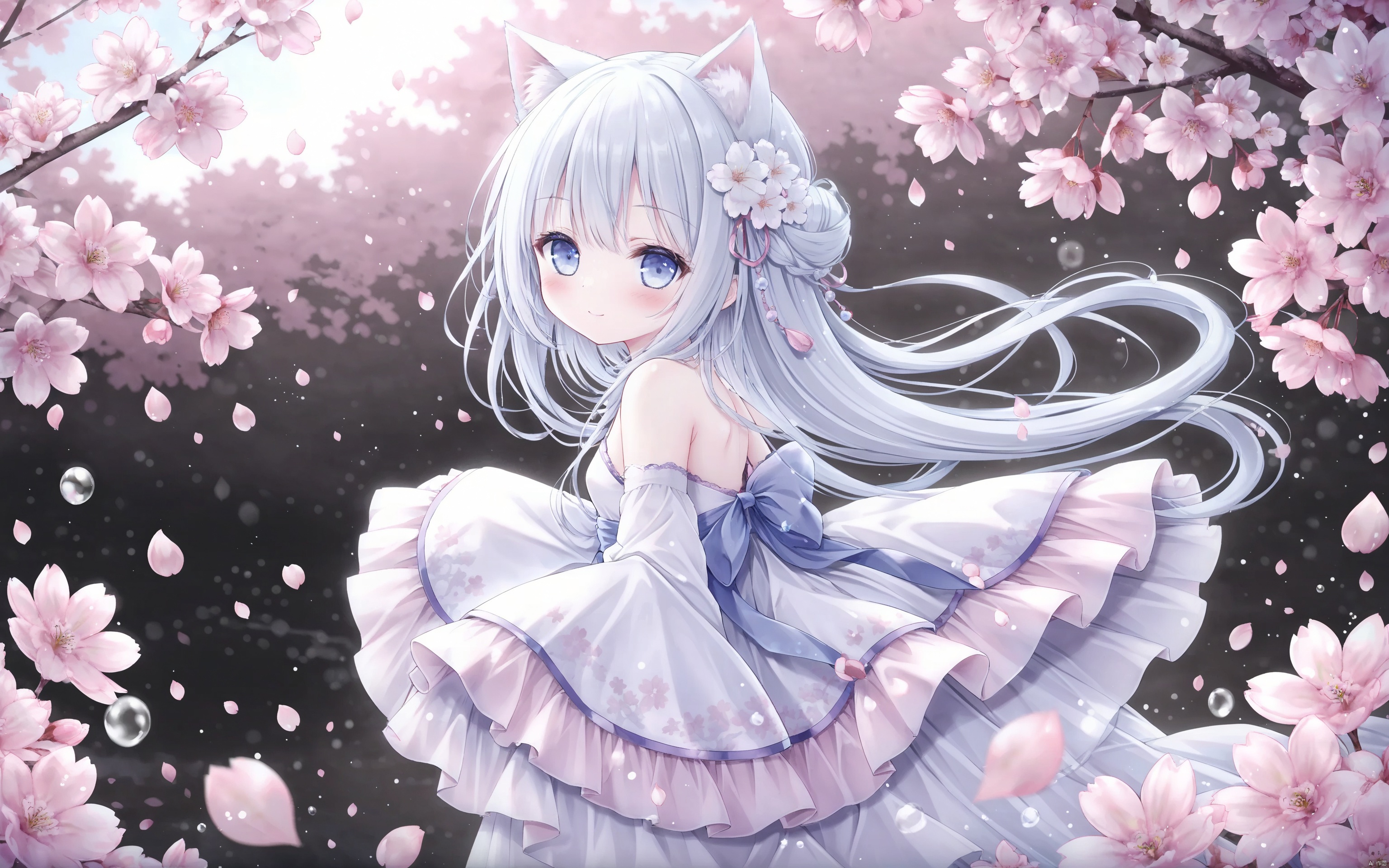  Loli, Loli, Loli, 1girl, solo, flower, long hair, hair ornament, hair flower, looking at viewer, blue eyes, detached sleeves, blue white hair, bangs, from side, closed mouth, blush, smile, white flower, bare shoulders, petals, outdoors, hair bun, dress, long sleeves, pink flower, cherry blossoms, wide sleeves, cat_ears, loli, full_body