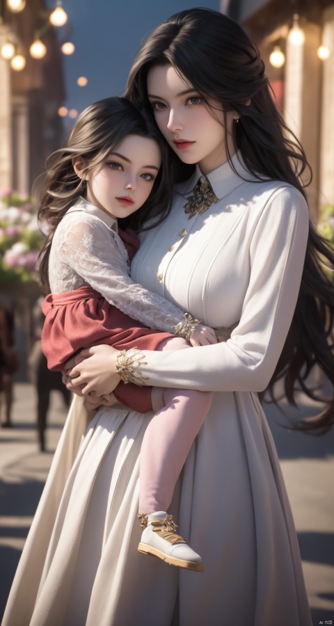  Beautiful young mother holding a child very similar to herself, like, surrounded by flowers, motherly love, healing, master work, high-quality pictures, more details clearly visible, delicate, complex, higher resolution