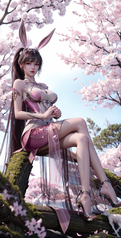  long skirt,long dress,long legs,looking at viewer,1girl, solo, long hair, breasts, black hair, hair ornament, dress, animal ears, jewelry, very long hair, full body, ponytail, flower, rabbit ears, high heels, tree, petals, bare legs, cherry blossoms, pink dress, hand in own hair, branch, absurdly long hair, falling petals