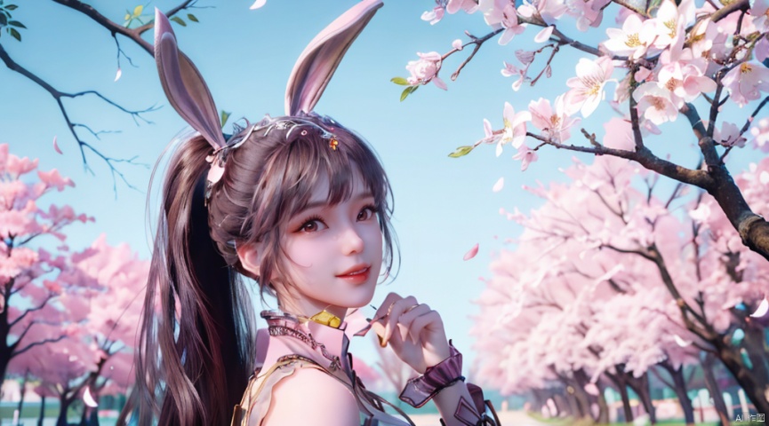 A charming smile
 ,1girl, solo, long hair, looking at viewer, brown hair, hair ornament, dress, animal ears, upper body, ponytail, flower, sky, rabbit ears, collar, petals, cherry blossoms, pink dress, branch, falling petals, metal collar