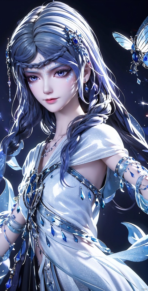 Blue sea background,Transparent blue butterflies flying, Exquisite glass slipper, wearing conservative conservative conservative fairy dress, dream, transparent crystal pink butterfly, sparkling droplets, long flowing hair, surrounded by sparkling water droplets, (clothes studded with sparkling diamonds, small pearls) tender white skin, ((true texture)), realistic movie lighting, Super realism,
long black hair, long pink tapered dress,Blunt bangs, masterpiece, best quality, best illustration, super detailed, upper body, solo, 1 girl, looking at the audience, upright, arms on both sides, beautiful detail eyes, conceptual art, floral background, simple background, short sleeves, watercolor pencil, expressionless face, blush, virtual tubing, long hair