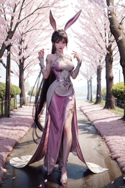  Stand, look straight ahead,long skirt,long dress,Conservative conservative conservative clothes,1girl, solo, long hair, breasts, black hair, hair ornament, dress, animal ears, jewelry, very long hair, full body, ponytail, flower, rabbit ears, high heels, tree, petals, bare legs, cherry blossoms, pink dress, hand in own hair, branch, absurdly long hair, falling petals