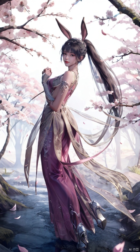  Stand,A charming smile,
 look straight ahead,long skirt,long dress,Conservative conservative conservative clothes,1girl, solo, long hair, breasts, black hair, hair ornament, dress, animal ears, jewelry, very long hair, full body, ponytail, flower, rabbit ears, high heels, tree, petals, bare legs, cherry blossoms, pink dress, hand in own hair, branch, absurdly long hair, falling petals