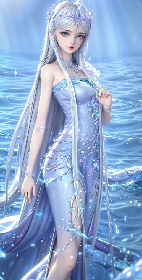 Exquisite glass slipper, wearing conservative conservative conservative fairy dress, dream, transparent crystal pink butterfly, sparkling droplets, long flowing hair, surrounded by sparkling water droplets, (clothes studded with sparkling diamonds, small pearls) tender white skin, ((true texture)), realistic movie lighting, Super realism