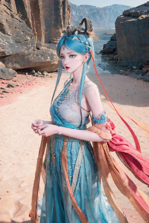  blue hair,（ desert）Background,masterpiece, best quality, realistic, Highly detailed, simple background,yue,1girl, solo, yue , hair ornament , hanfu, 1girl