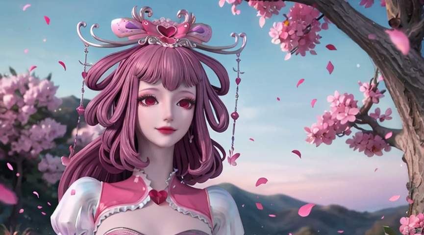 A charming smile,1 girl, solo, long hair, looking at the audience, hair accessories, dress, upper body, ponytail, flowers, sky, collar, petals, cherry blossoms, pink dress, branches, petals falling, metal collar