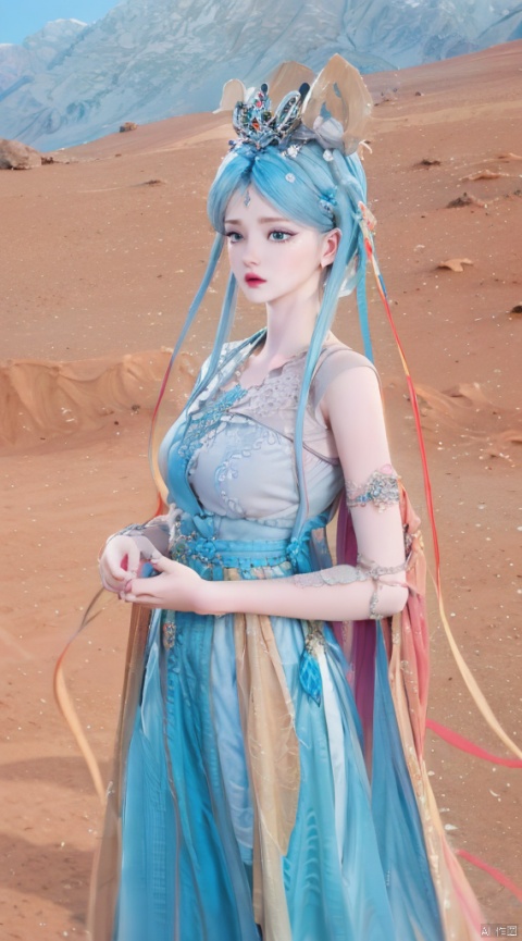  blue hair,（ desert）Background,masterpiece, best quality, realistic, Highly detailed, simple background,yue,1girl, solo, yue , hair ornament , hanfu, 1girl