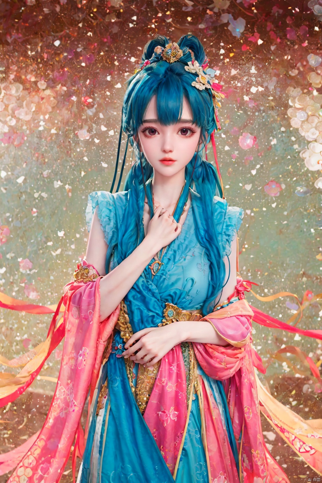  blue hair,（ desert）Background,masterpiece, best quality, realistic, Highly detailed, simple background,yue,1girl, solo, yue , hair ornament , hanfu, 1girl, yue , hair ornament , hanfu