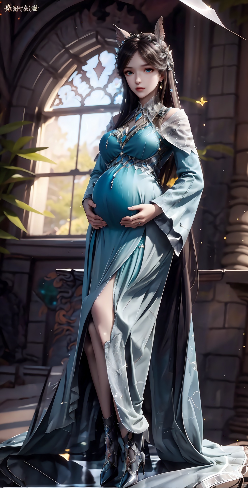 pregnant, look straight ahead,long skirt,long dress,Conservative conservative conservative clothes,1girl, solo, long hair, black hair, hair ornament, dress, jewelry, sitting, full body, indoors, high heels, clothing cutout, bare legs, window, curtains, pink dress