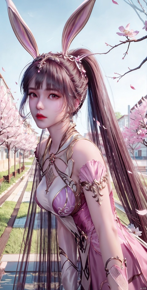 1girl, solo, long hair, looking at viewer, brown hair, hair ornament, dress, animal ears, upper body, ponytail, flower, sky, rabbit ears, collar, petals, cherry blossoms, pink dress, branch, falling petals, metal collar