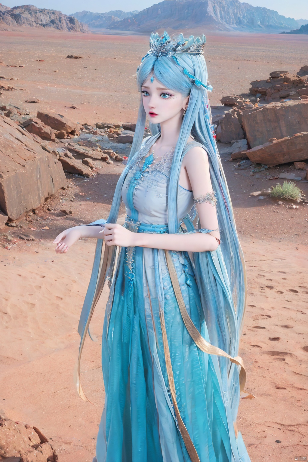  blue hair,（ desert）Background,masterpiece, best quality, realistic, Highly detailed, simple background,yue,1girl, solo, yue , hair ornament , hanfu, 1girl