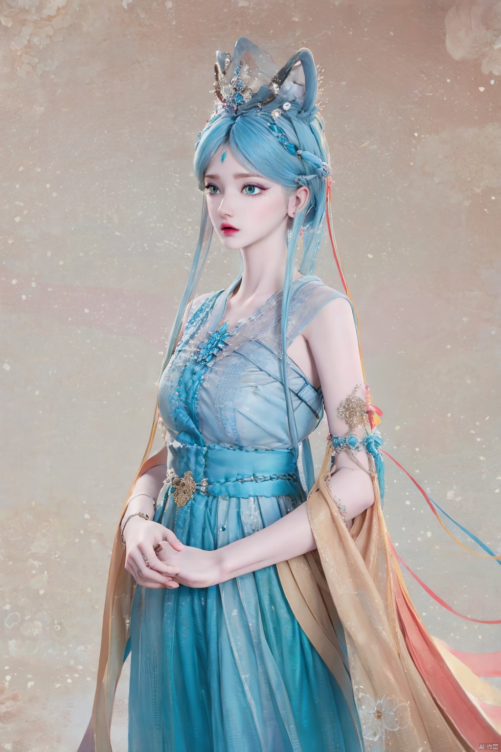  blue hair,（ desert）Background,masterpiece, best quality, realistic, Highly detailed, simple background,yue,1girl, solo, yue , hair ornament , hanfu, 1girl, yue , hair ornament , hanfu