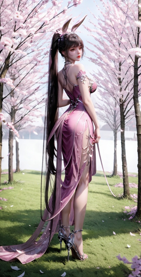  long skirt,long dress,long legs,standing,high heels,1girl, solo, long hair, breasts, black hair, hair ornament, dress, animal ears, jewelry, very long hair, full body, ponytail, flower, rabbit ears, high heels, tree, petals, bare legs, cherry blossoms, pink dress, hand in own hair, branch, absurdly long hair, falling petals