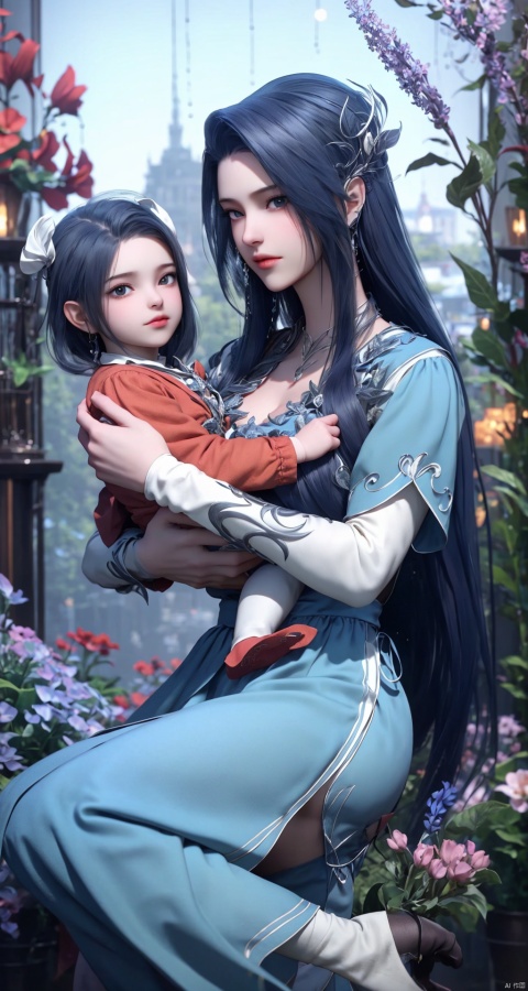 Beautiful young mother holding a child very similar to herself, like, surrounded by flowers, motherly love, healing, master work, high-quality pictures, more details clearly visible, delicate, complex, higher resolution