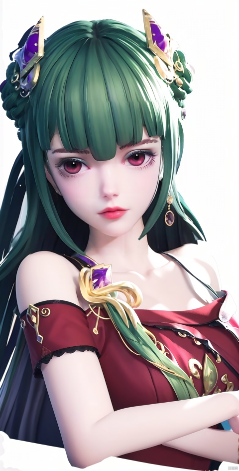  blunt bangs, masterpiece, best quality, best illustration, ultra-detailed, upper body, solo, 1 girl, looking at viewer, upright, arms at sides, beautiful detailed eyes, concept art, white background, simple background, white hair, green gradient hair, short sleeves, watercolor pencil, expressionless, blush, virtual youtuber, short hair