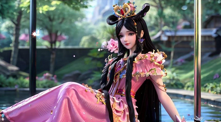  A charming smile, ,long hair,Conservative conservative long skirt,long dress,Elaborate floral headgear,sitting,long skirt,princess dress,swing,The highest picture quality, conservative dress, exquisite CG, sitting on a swing wrapped in flowers and vines, water droplets in your hair, beautiful goddess, sparkling starlight, close-ups, exquisite face, exquisite lips, exquisite eyes, exquisite nose, dream, surrounded by pink butterflies, surrounded by sparkling water droplets, crystal pink crystal, shimmering lake background, rose petals falling, clothes studded with sparkling diamond pearls, high heels, long legs