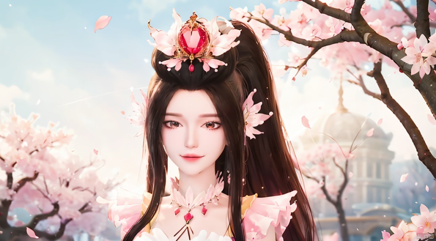  A charming smile
 ,1girl, solo, long hair, looking at viewer, brown hair, hair ornament, dress, animal ears, upper body, ponytail, flower, sky, , collar, petals, cherry blossoms, pink dress, branch, falling petals, metal collar