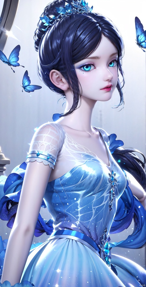 Blue sea background,Transparent blue butterflies flying, Exquisite glass slipper, wearing conservative conservative conservative fairy dress, dream, transparent crystal pink butterfly, sparkling droplets, long flowing hair, surrounded by sparkling water droplets, (clothes studded with sparkling diamonds, small pearls) tender white skin, ((true texture)), realistic movie lighting, Super realism,
long black hair, long pink tapered dress,Blunt bangs, masterpiece, best quality, best illustration, super detailed, upper body, solo, 1 girl, looking at the audience, upright, arms on both sides, beautiful detail eyes, conceptual art, floral background, simple background, short sleeves, watercolor pencil, expressionless face, blush, virtual tubing, long hair
