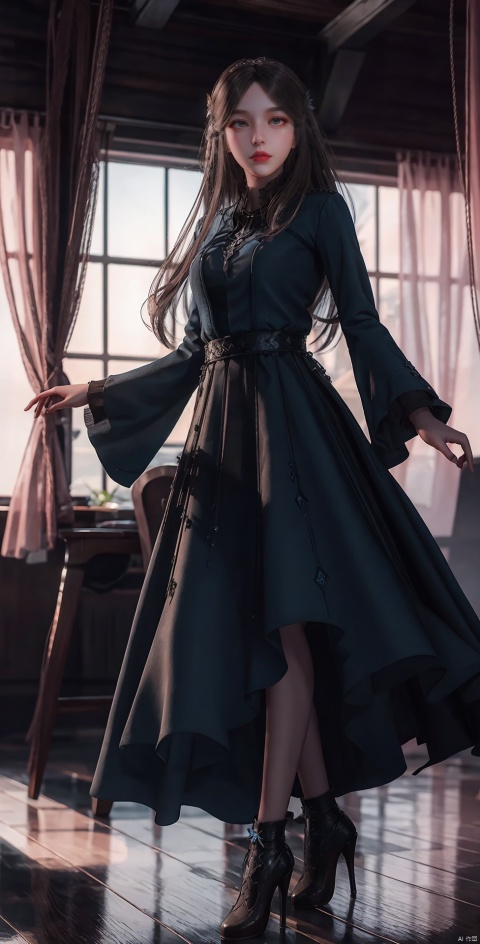  Stand, look straight ahead,long skirt,long dress,Conservative conservative conservative clothes,1girl, solo, long hair, black hair, hair ornament, dress, jewelry, sitting, full body, indoors, high heels, clothing cutout, bare legs, window, curtains, pink dress