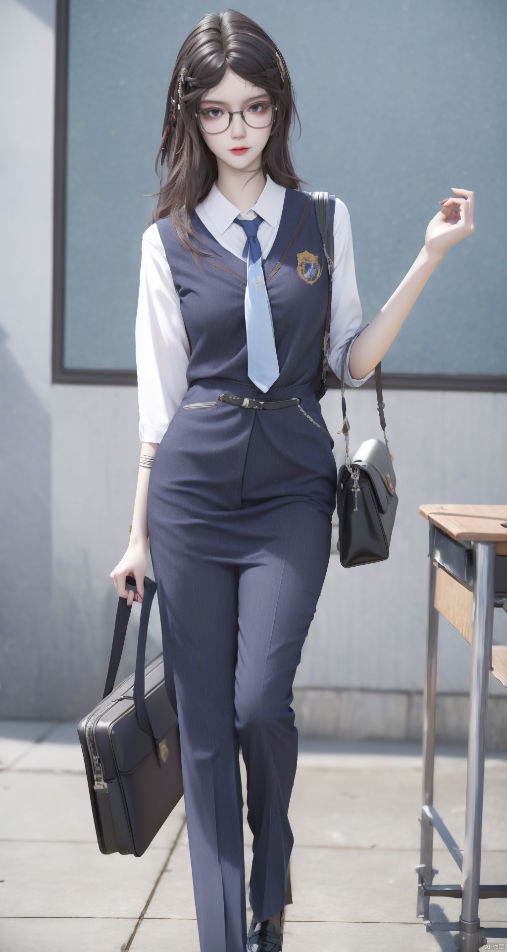 ,embellished costume,school desk,lecturing,school uniform,school briefcase,teacher,bespectacled,