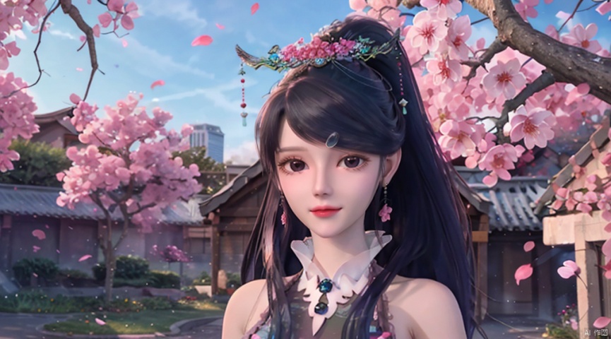  A charming smile
 ,1girl, solo, long hair, looking at viewer, brown hair, hair ornament, dress, animal ears, upper body, ponytail, flower, sky, , collar, petals, cherry blossoms, pink dress, branch, falling petals, metal collar