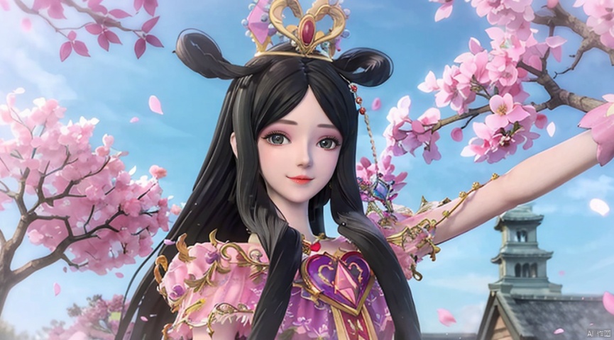 A charming smile,1 girl, solo, long hair, looking at the audience, hair accessories, dress, upper body, ponytail, flowers, sky, collar, petals, cherry blossoms, pink dress, branches, petals falling, metal collar