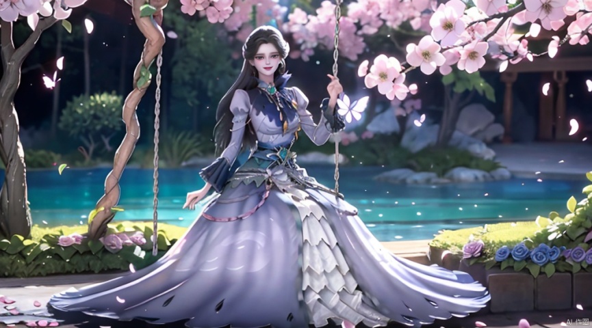  A charming smile, ,long hair,Conservative conservative long skirt,long dress,Elaborate floral headgear,sitting,long skirt,princess dress,swing,The highest picture quality, conservative dress, exquisite CG, sitting on a swing wrapped in flowers and vines, water droplets in your hair, beautiful goddess, sparkling starlight, close-ups, exquisite face, exquisite lips, exquisite eyes, exquisite nose, dream, surrounded by pink butterflies, surrounded by sparkling water droplets, crystal pink crystal, shimmering lake background, rose petals falling, clothes studded with sparkling diamond pearls, high heels, long legs