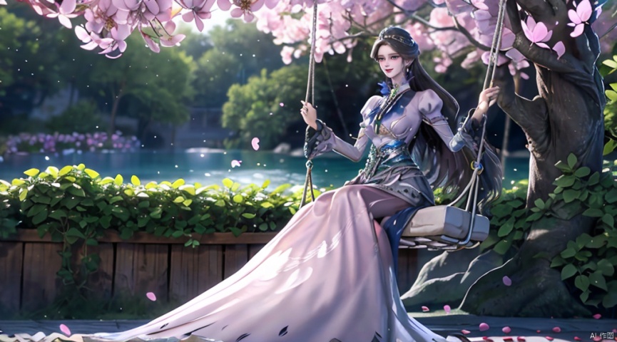  A charming smile, ,long hair,Conservative conservative long skirt,long dress,Elaborate floral headgear,sitting,long skirt,princess dress,swing,The highest picture quality, conservative dress, exquisite CG, sitting on a swing wrapped in flowers and vines, water droplets in your hair, beautiful goddess, sparkling starlight, close-ups, exquisite face, exquisite lips, exquisite eyes, exquisite nose, dream, surrounded by pink butterflies, surrounded by sparkling water droplets, crystal pink crystal, shimmering lake background, rose petals falling, clothes studded with sparkling diamond pearls, high heels, long legs