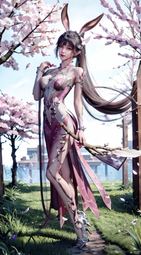  Stand,A charming smile,
 look straight ahead,long skirt,long dress,Conservative conservative conservative clothes,1girl, solo, long hair, breasts, black hair, hair ornament, dress, animal ears, jewelry, very long hair, full body, ponytail, flower, rabbit ears, high heels, tree, petals, bare legs, cherry blossoms, pink dress, hand in own hair, branch, absurdly long hair, falling petals
