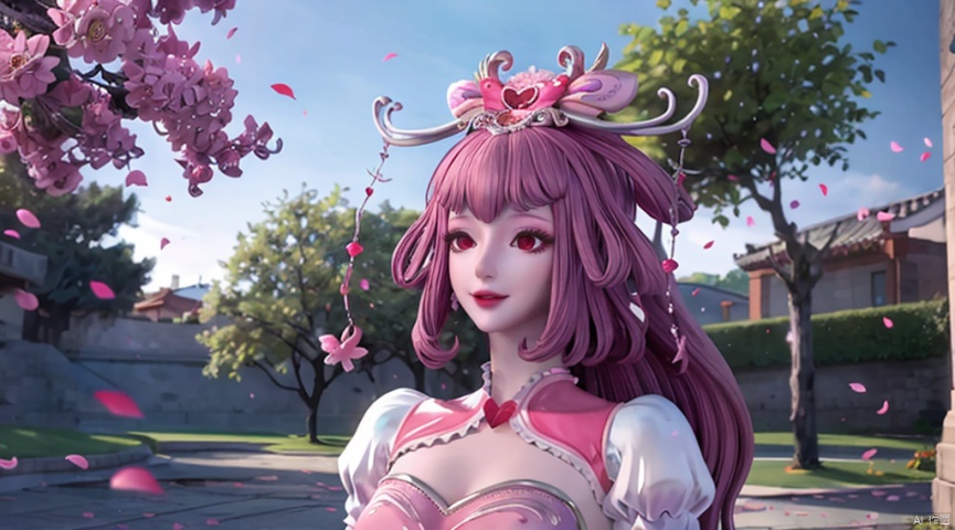 A charming smile,1 girl, solo, long hair, looking at the audience, hair accessories, dress, upper body, ponytail, flowers, sky, collar, petals, cherry blossoms, pink dress, branches, petals falling, metal collar